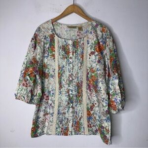Art and Soul Button Down Peasant Floral Bohemian Pleated Lace 3/4 Sleeve Top XL